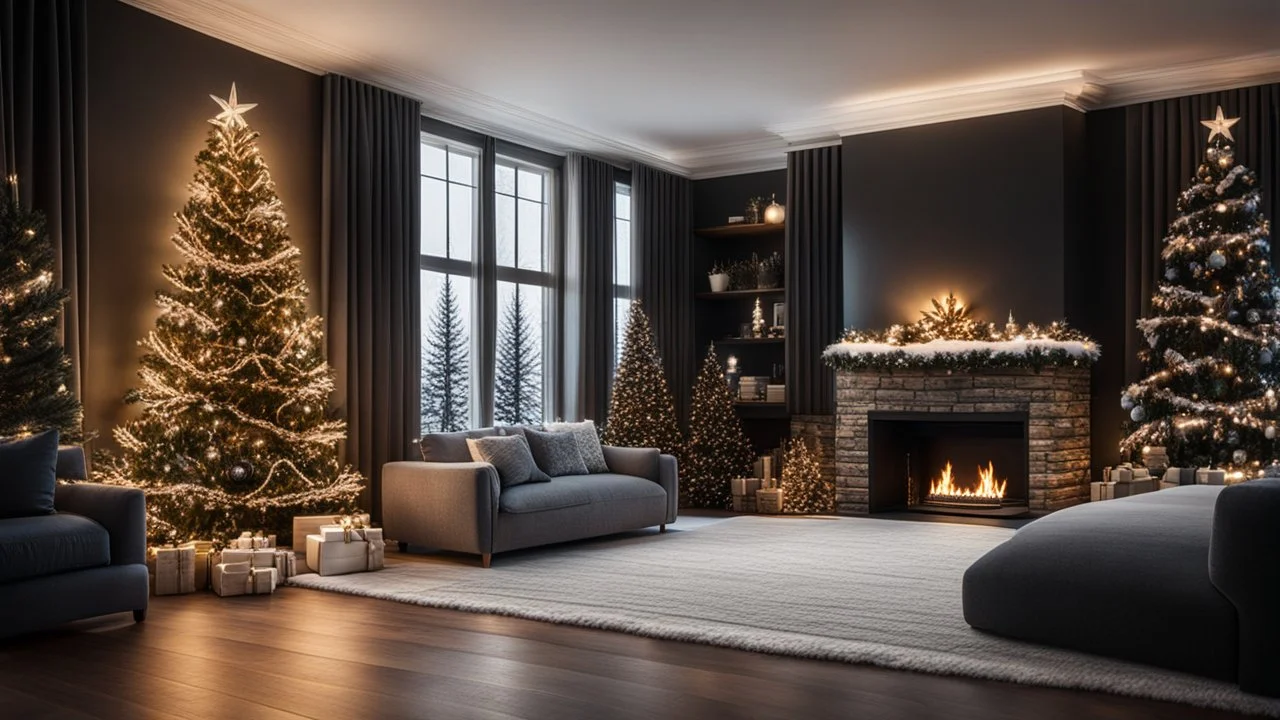 darkness,photoreal, christmas decoration in the big living room , adorned with twinkling lights, in the living room,next to the fireplace,large windows with snowy firs outside,christmas decoration,lights off,cozy,calm,high-quality photograph,photorealistic, shot on Hasselblad h6d-400c, zeiss prime lens, bokeh like f/0.8, tilt-shift lens 8k, high detail, smooth render, unreal engine 5, cinema 4d, HDR, dust effect, vivid colors,night