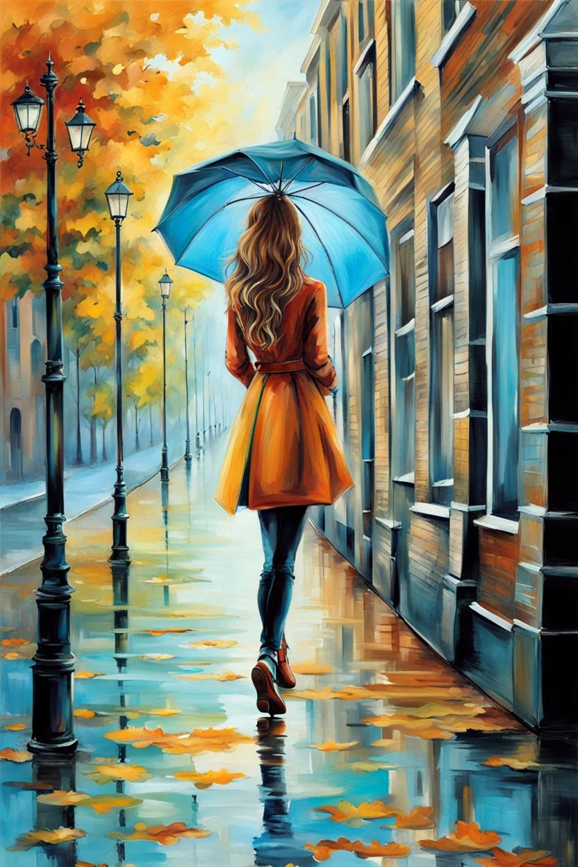 Standing on a sidewalk , l've mastered the art of seeing beauty everywhere! In a world filled with light, nature, and happy girl, Creëer een mooie realistische Fantasie art, staande mooie vrouw, hoge schoenen, turkoois jurk, met een paraplu in de hand, kijkt achterom