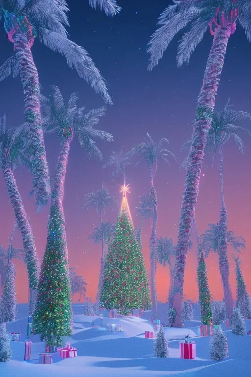 1980's vaporwave aesthetic palm trees in Christmas winter