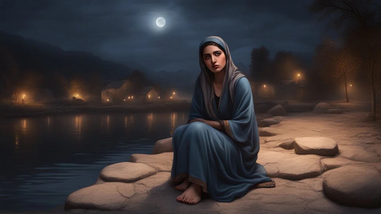 Hyper Realistic Sad-Young-Beautiful-Pashto-Woman sitting on a stone riverside at dark-village-night