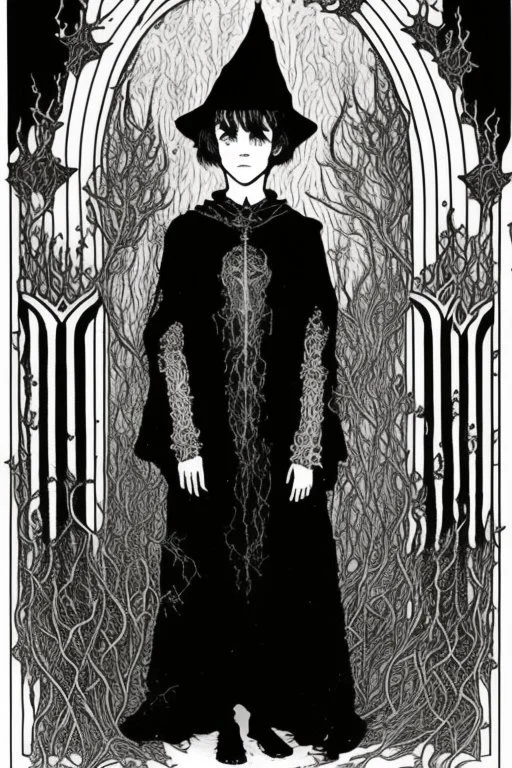 7 year old boy, necromancer, friendly, looks dead, with weird mushrooms growing out of him, wearing black robes, in the style of Harry Clarke