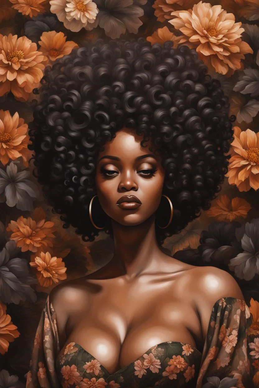 Create an oil painting image of a curvy black female wearing a brown off the shoudler blouse and she is looking down with Prominent makeup. Highly detailed tightly curly black afro. Background of large brown and black flowers surrounding her