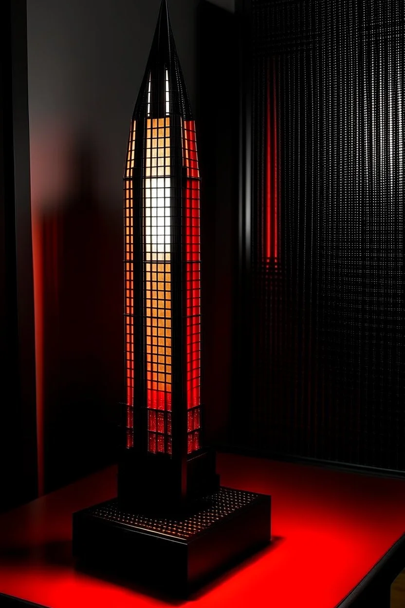 gaming table lamp inspired by shanghai tower buliding architecture futuristic-modern stlye. geometric form, red and black color scheme