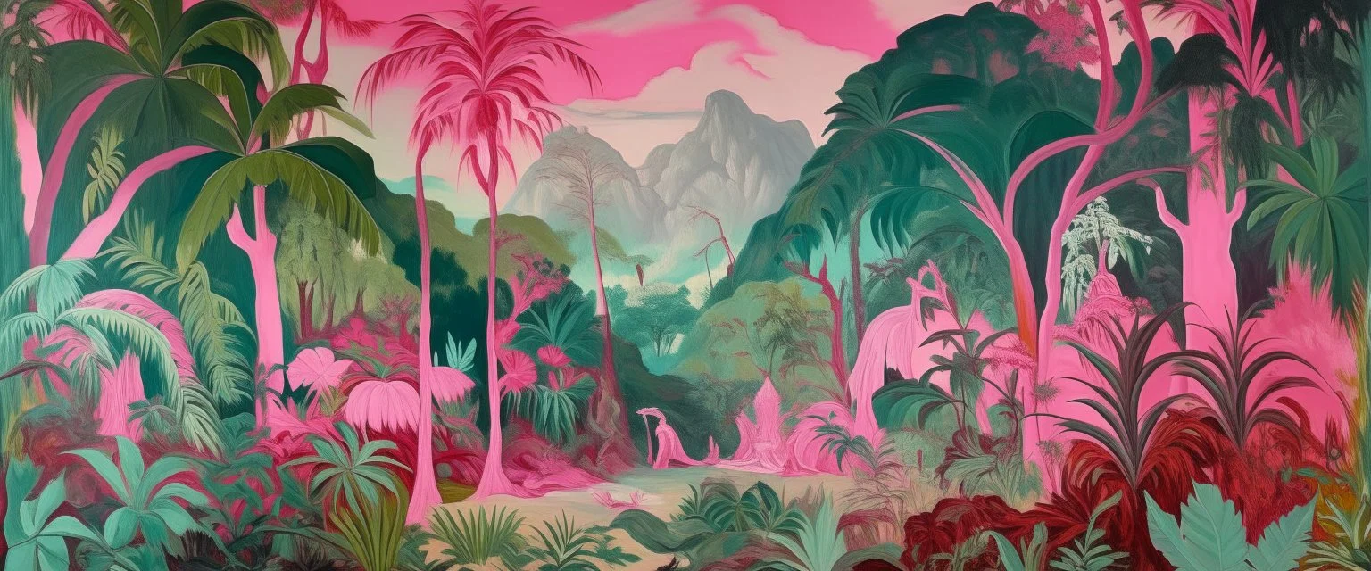 A pink majestic jungle painted by Lucas van Leyden