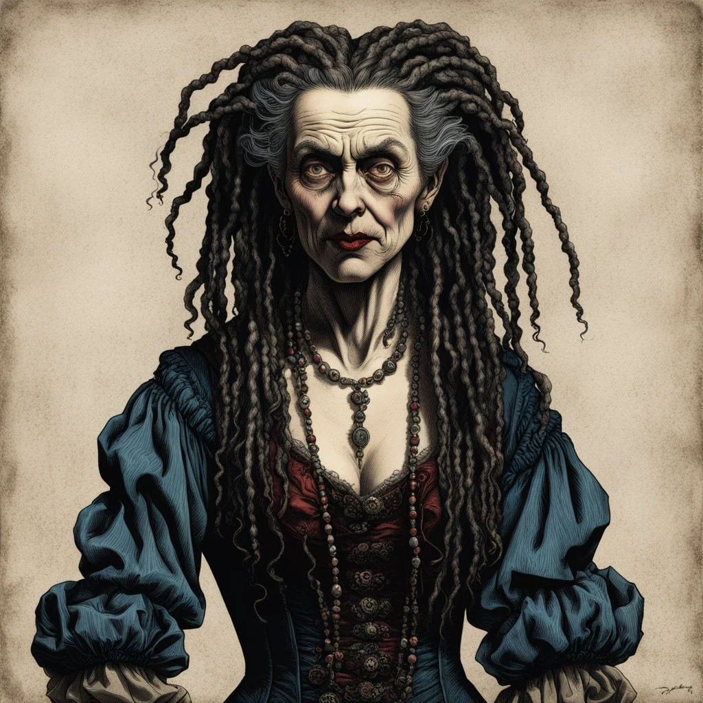 full body colored etching of an aged raggedly dressed, malevolent, predatory French female vampire , with highly detailed beaded dreadlock hair and facial features ,in the style of Rembrandt, Gian Lorenzo Bernini, and Johannes Vermeer, with a fine art aesthetic, highly detailed , realistic , 4k UHD