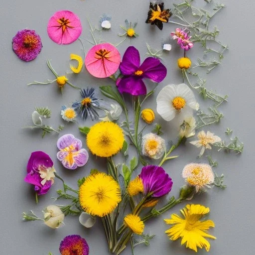 delicate arrangement of pressed flowers, beautiful composition, aesthetic layout, modern, bright