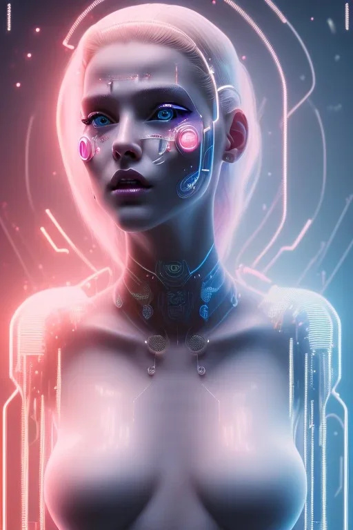 cyberpunk, head, women, portrai, tron sketch of a girl on lined paperA beautiful one nude body of a make up smiling woman blond long hair, alone, high key lighting, volumetric light high details with white stripes and blue eye, smiling with plump pink lips, flowers around, unreal engine petit prince belle fine, profil de trois quart, grand front cosmique, peau bleu cristalline, yeux bleu, perle sur le front long cheveux blond et rose etoilé, cristaux sur le corps, collier de grande princesse, l