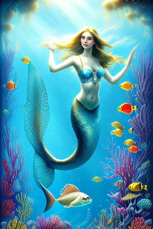 underwater scene, a mermaid, beautiful colors, fish, very fine detail, high quality, mystical, romanticism, intricate, Neo-Impressionism,