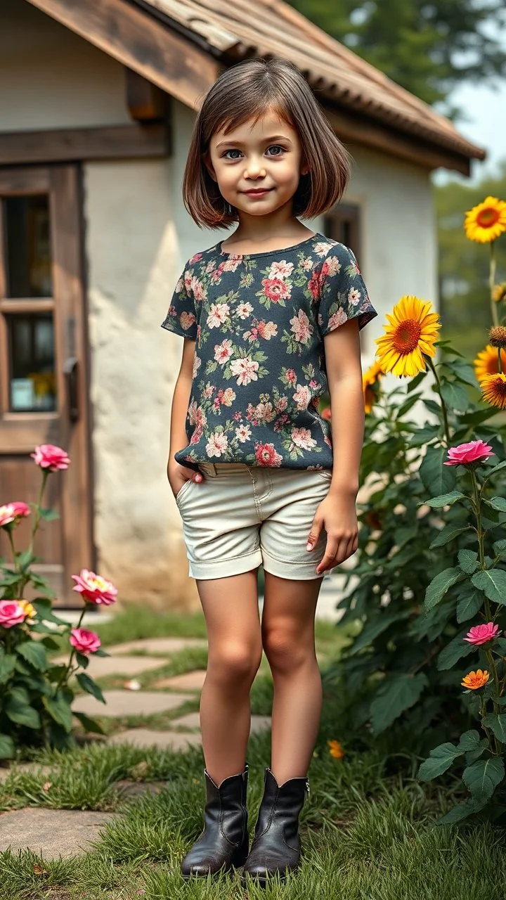 Photorealistic portrait of a strikingly beautiful lady who is actually a 5-year-old girl, standing in the countryside. She has a perfectly realistic, delicate face with light, natural makeup, sparkling eyes, and a neat bob haircut. She is dressed in a stylish, pretty floral top, fashionable short tight shorts, and elegant, nice leather ankle boots. She is standing gracefully next to a charming rustic country house, surrounded by a lush garden full of blooming flowers (like roses and sunflowers)