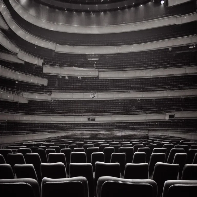 a single chair on stage under spotlight close up view facing empty audience at a dark and empty symphony hall