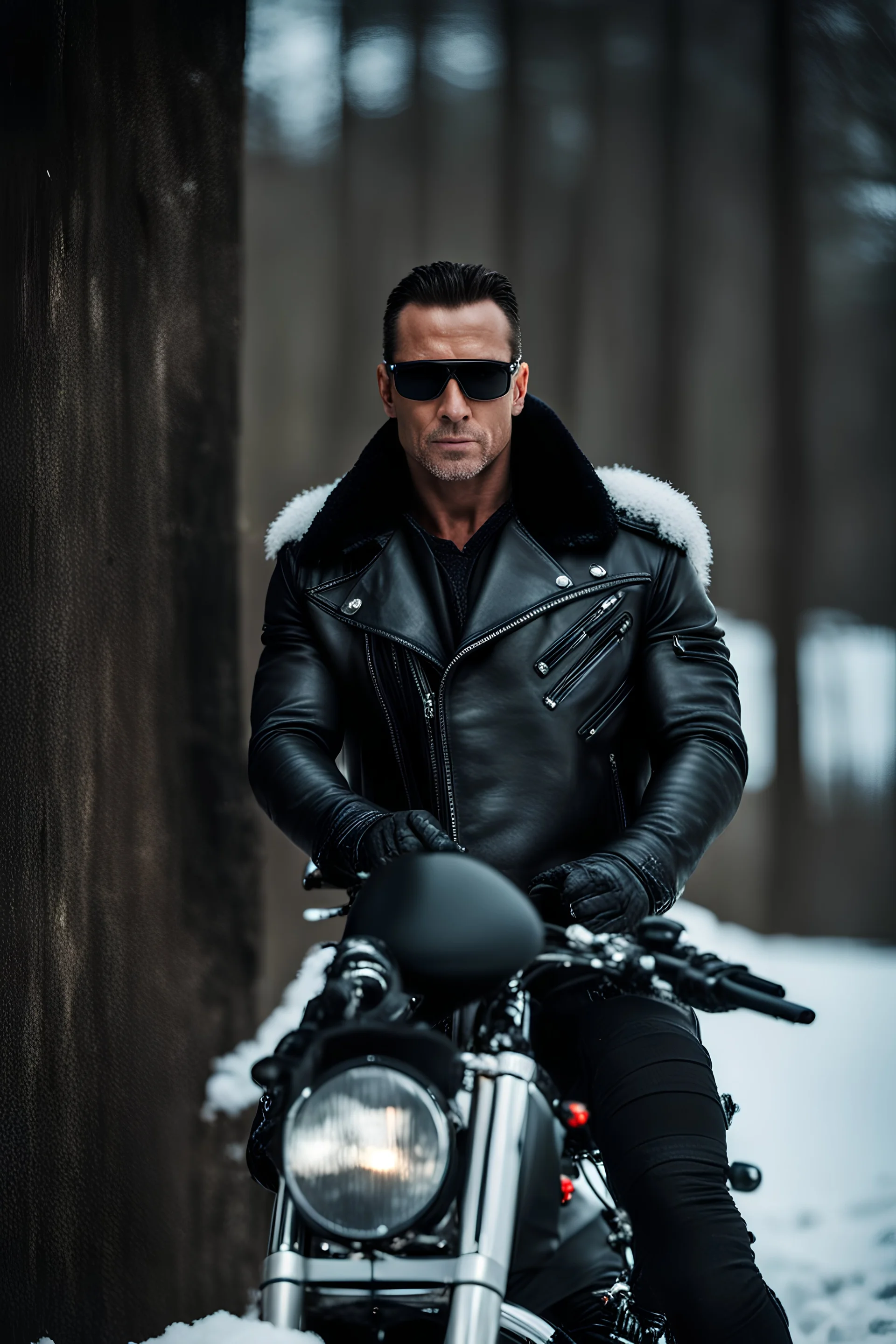 Handsome and muscular 40 year old Biker wearing a winter leather jacket and dark sunglasses standing with his arms folded in the snow