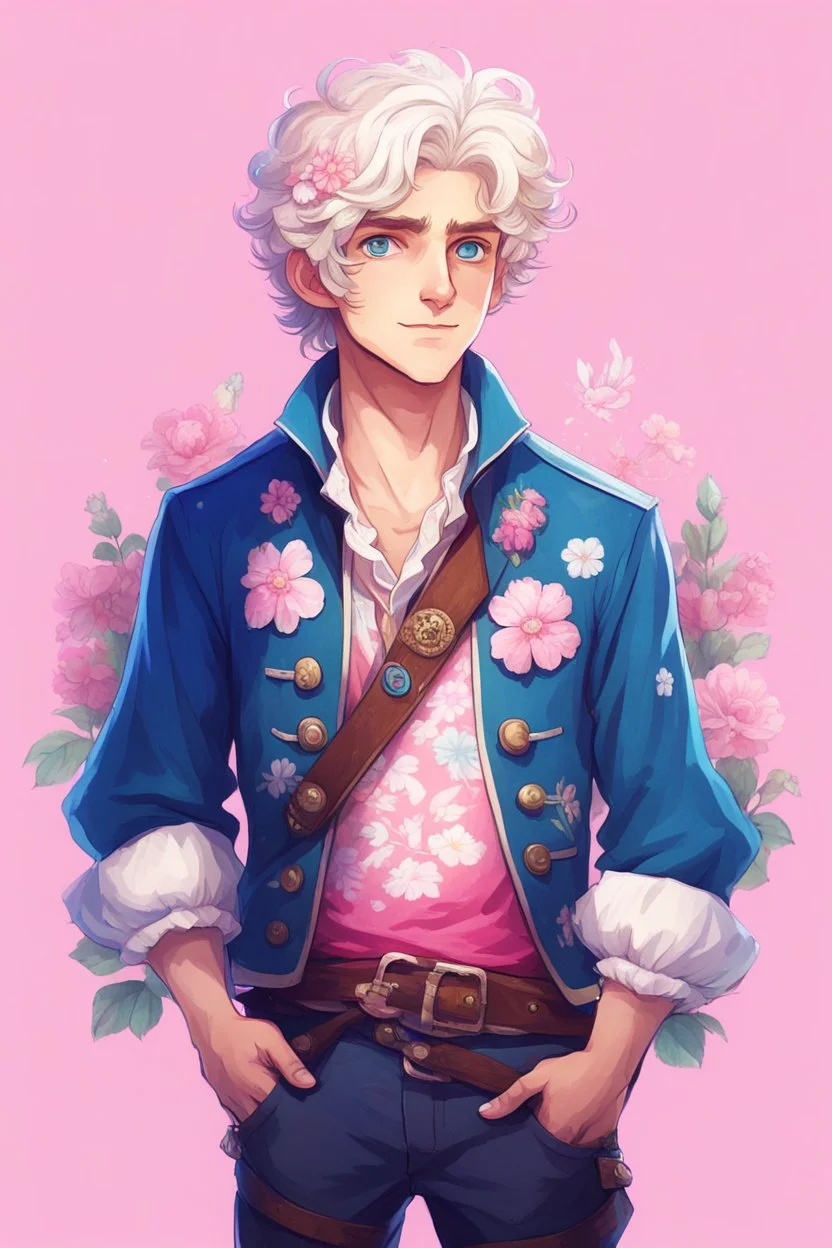 kind young sailor, man, white slightly curly hair, pirate shirt, pink and azure clothes, white floral pattern on jacket, flower in hair, stardew valley style