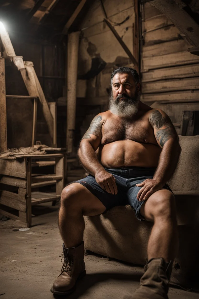 full figure shot photography of a 49-year-old turkish chubby beefy tattoo very hairy sweaty worker sitting spread-legged in an old sofa inside a construction site shed, big shoulders, boots, dressed in bulging shorts,shirtless, stubble, big manly legs, hairy chest, serious eyes, midnight, dim neon lights illuminating and shine on the beards of sweat that fill his large chest, photorealistic , ambient occlusion, view angle from the ground