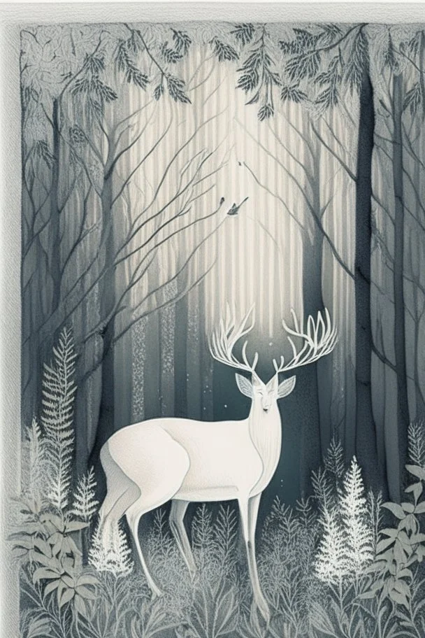 in a cosy vintage style, a white stag sleeps in a forest