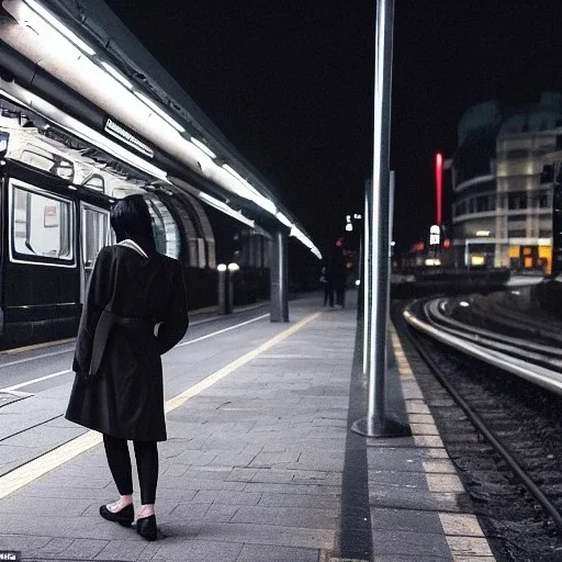 A beautiful slender Asian woman with short black hair and a black trench coat, waiting for a man at night at a train station in London