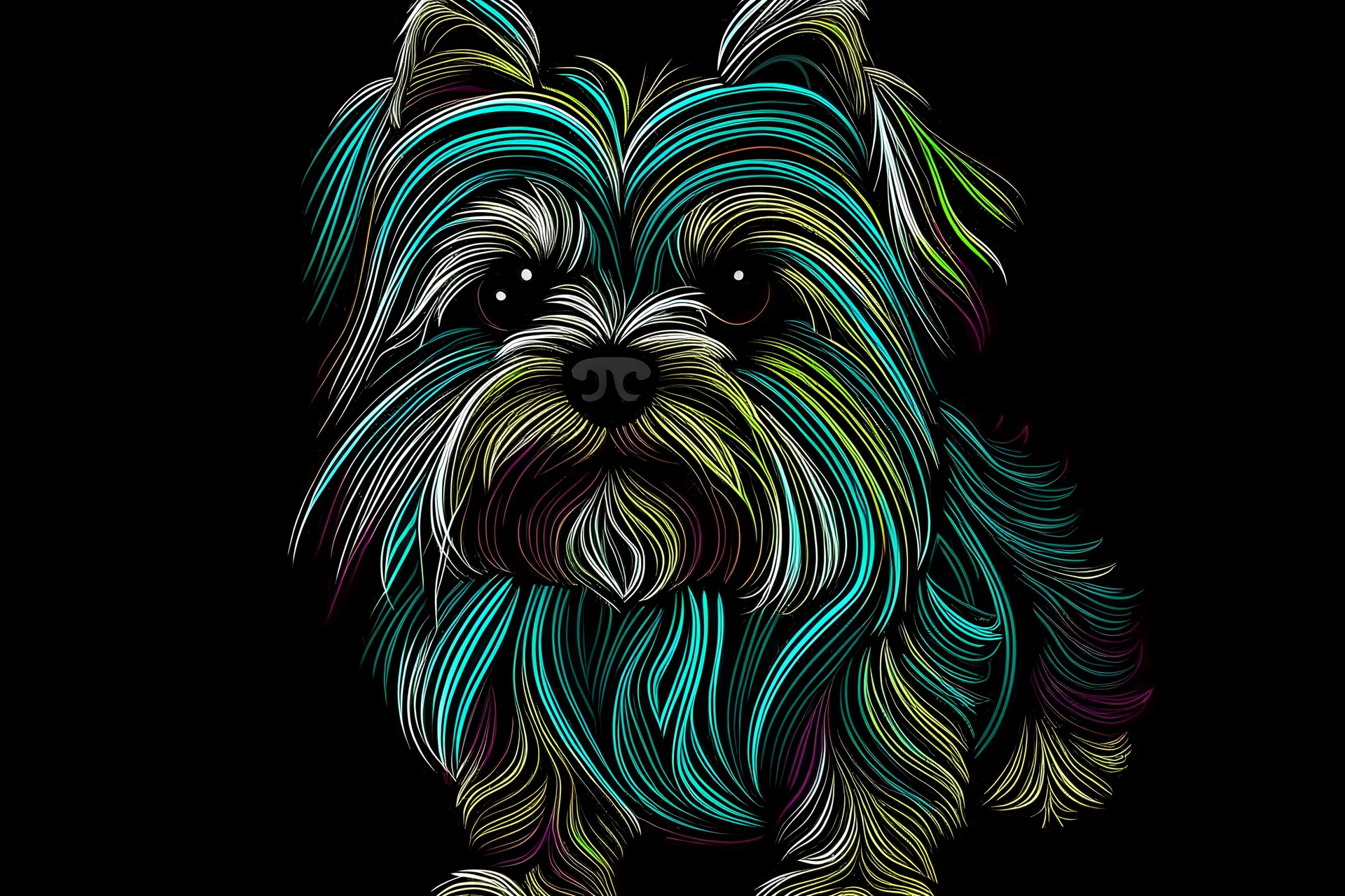 Line art, single drawn Yorkie with multicolor line, black background