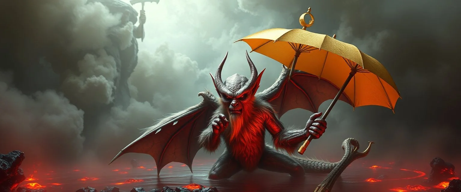 smite by god was the evil furry goblin gremlin winged serpent man holding a golden umbrella in a pool of smoke and lava in the style of Escher and Giger.