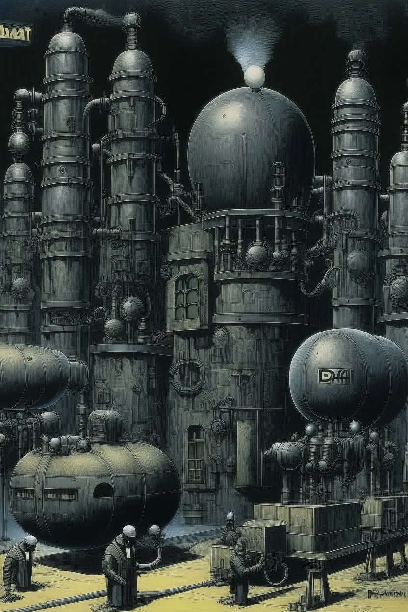 A dark gray robotic factory with bombs painted by Max Ernst