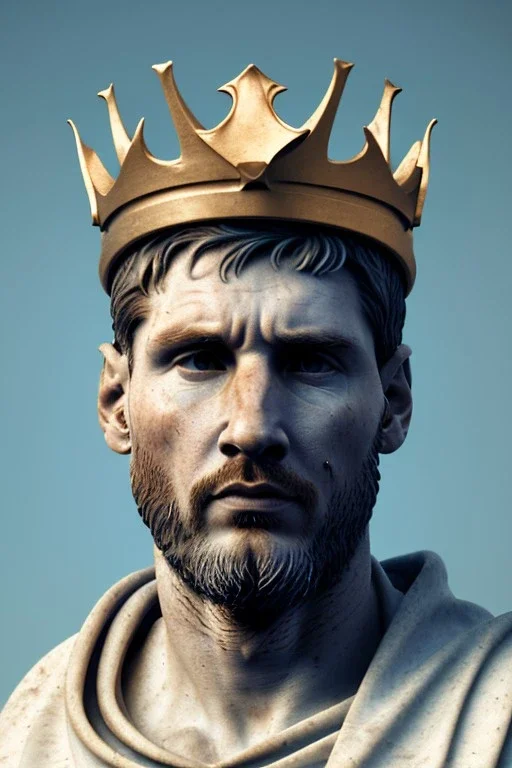 Ultra Realistic image, Roman sculpture, white luxury marble material, Lionel Messi, gold crown of natural thorns, god crown, Renaissance style, sun rays background, waist up portrait, epic, celestial, cinematic lighting, God lights, 4k resolution, smooth details, soft lighting, unreal engine 5, art station, substance 3d.