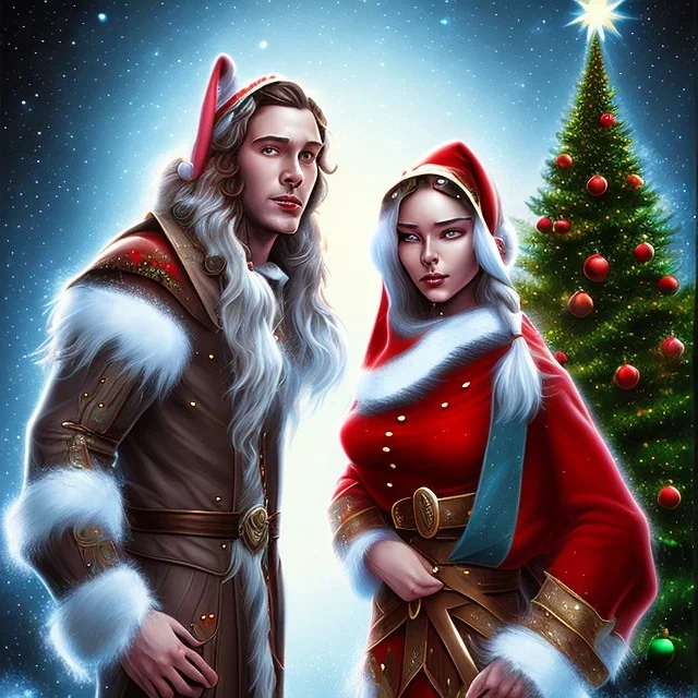 two elves. woman and man. Christmas scene. poster. marvel comic. low-key