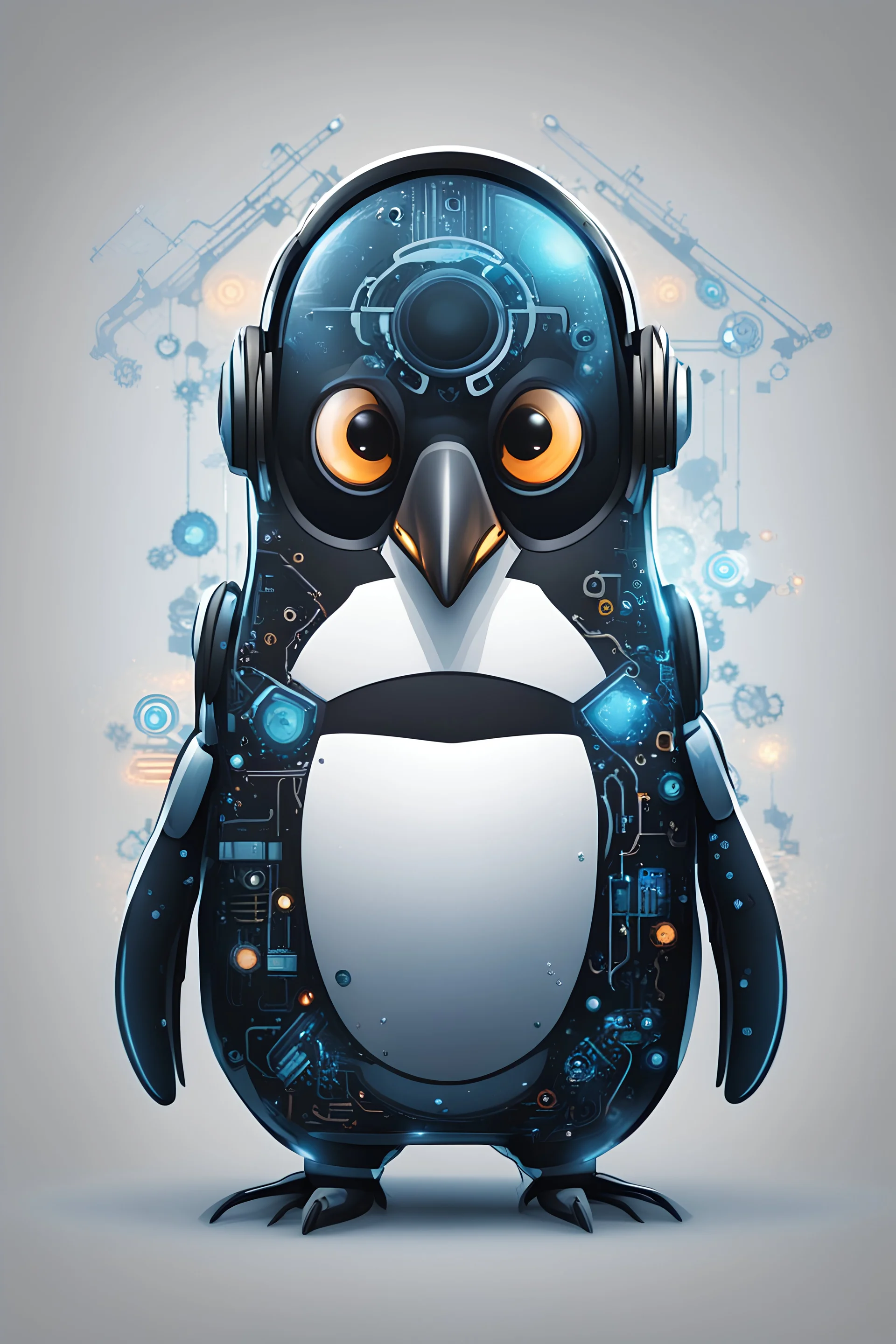 can you make me a profile picture for my YouTube channel of a cyber penguin illustrating a Linux logo but with cyber elements because my channel is regarding cyber security? The penguins need to look like a half penguin and half a robot with cyber elements. can have a background of cyber network elements or futuristic robot elements. Can the penguin ware a headset and to be with robot eye. can you make his face looks like Alienware logo