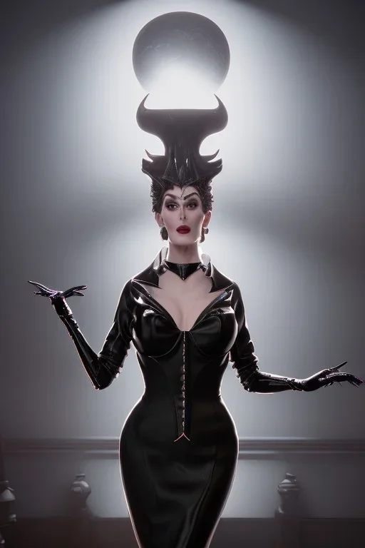 Carmen Dell`orifice as evil queen in black leather gown, angry, busty, curvey, cleavage, unreal 5, octane render,cinema4d, dynamic lighting, dramatic lighting, 4k, redshift render, highly detailed, hyper realistic