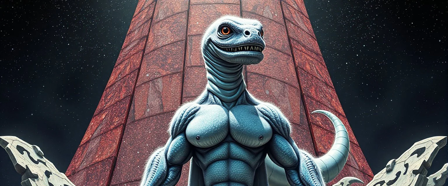 brilliant detailed full figure portrait disco glittery happy slug alien fluffy muscle man dino anime in the style of Escher and Giger in front of dented marble tower of glitter