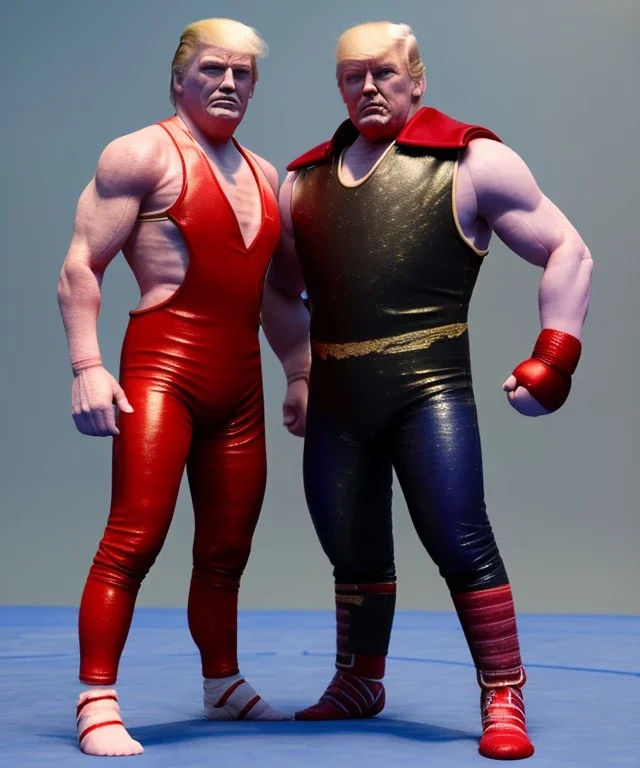 Wrestler Donald trump, wrestling, sweat, blood, red breeches, suspenders, retro style, 80s, hot ambient, photo studio, vibrant color, gradient, highly detailed, art stations, concept art, smooth, unreal engine 5, god rays, ray tracing, RTX, lumen lighting, ultra detail, volumetric lighting, 3d, finely drawn, high definition, high resolution.