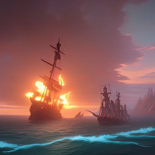two pirate ships fighting each other at sea. They fire cannons at each other and one ship is hit and burns.