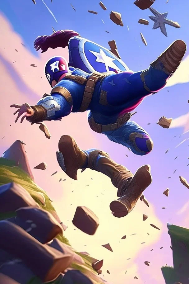 Create a picture of captain america falling from the skye to a pit animated like fortnite