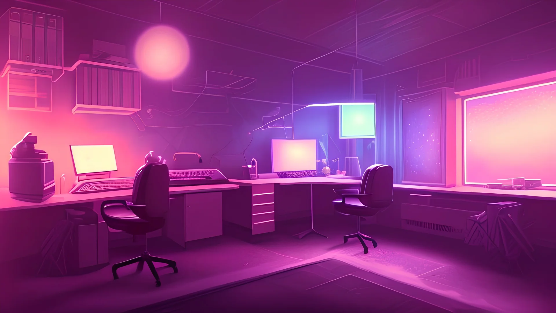 Dimly lit gaming room, with a single desk with a gaming PC, two monitors on the desk, gaming chair, bed in the background, the room is filled with neonlights, night time, atmospheric, detailed.