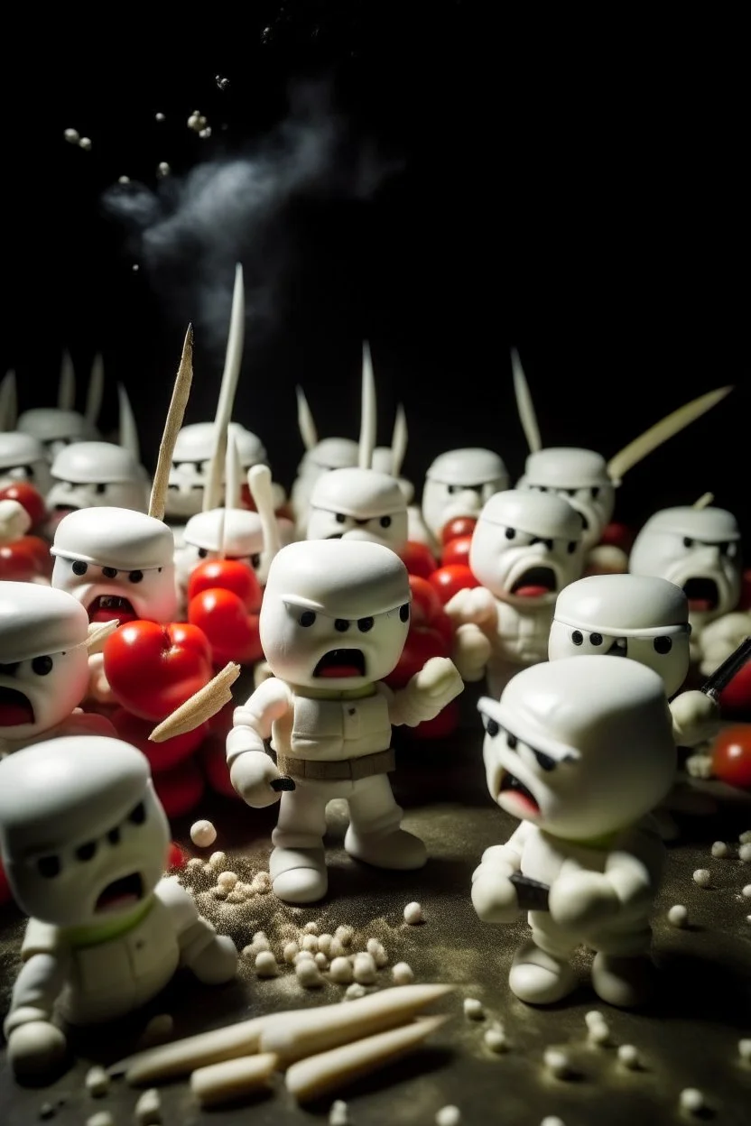 army of marshmallows living angry and armed in a fight with tomatoes in space