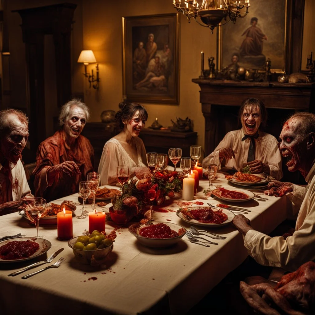 Photograph of a happy year-end dinner of a clique of zombie creatures in Dario Argento style, photorealism