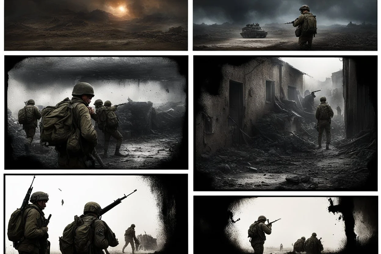 Masterpiece1:5)(Fineart), (award-winning:1.5), highest quality, (ultra realism:1.5) war journalism(,(by Tim Page and Hoorst Faas:1.5)),(Eastern Ukraine:(panel one:the moment after a battle ends, horrors of war, wounded men),(2nd panel, cinematic shot of men sitting in trench with 1000 yard stare (focus on their eyes:1.5)),(the third panel shows troops tired but hyper alert), (the fourth panel shows the sky is filled with incessant, fire and smoke everywhere,)