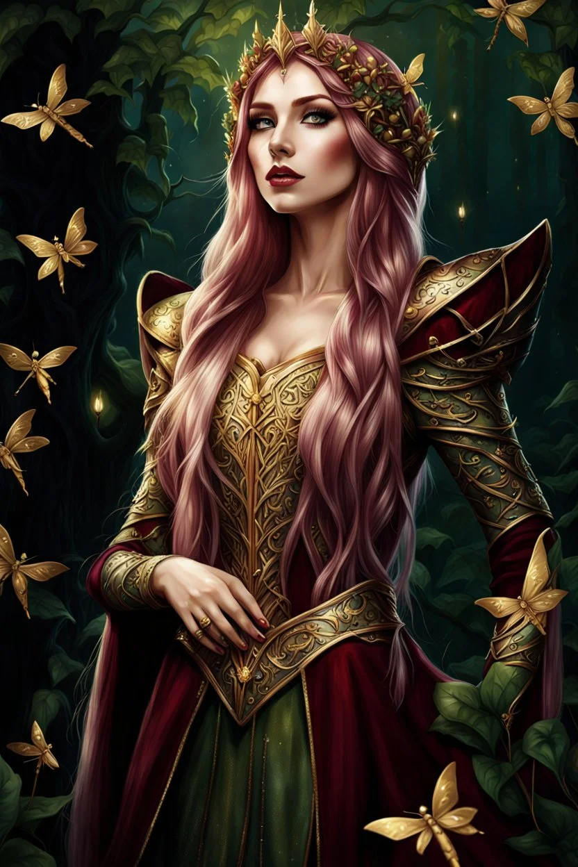 Burgundy hair, dark hair,dark red , rapunzel hair,very long hair,dark fairy princess,elven crown,night,dragonflies,beautiful,ong ashes,golden armor ,sparkle,night blooming,ivy,dark green,lilly of valley,golden elven crown,elven warrior,dark gold armor,extremely long hair