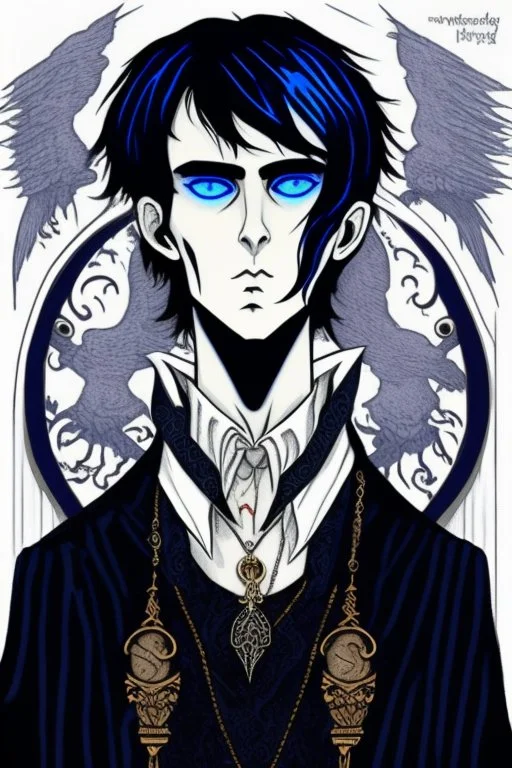 black haired blue-eyed young man necromancer wizard with gothic jewelry in the style edward gorey