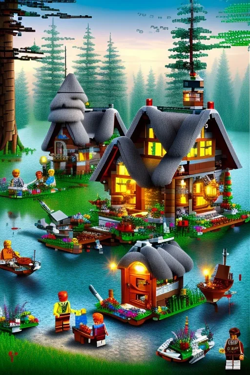 lego cottage in the forest with lake boy girl