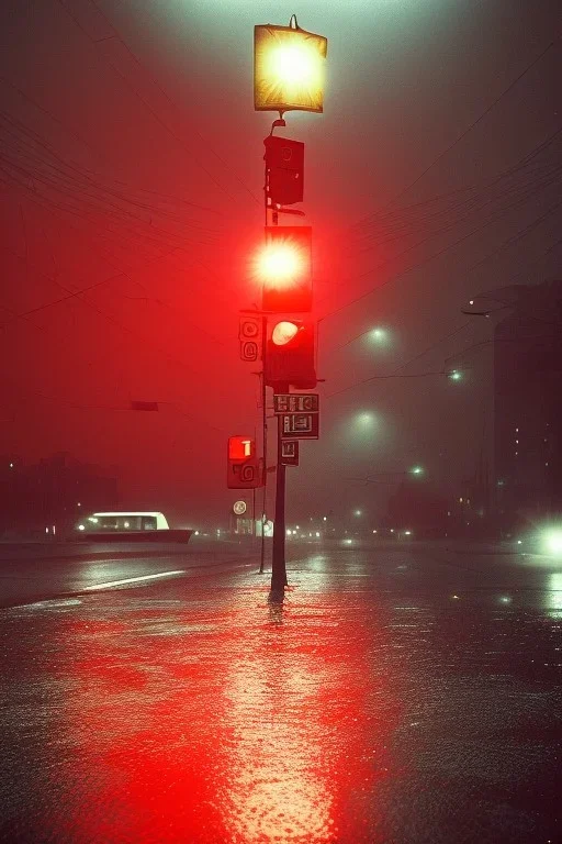 A 1990s car standing in front of a red traffic light, empty street, Cairo, 1990s, night time, rain, winter, movie scene Nick Harris style