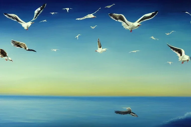 seagulls flying over the sea in the evening, oil painting deviant art wallpaper