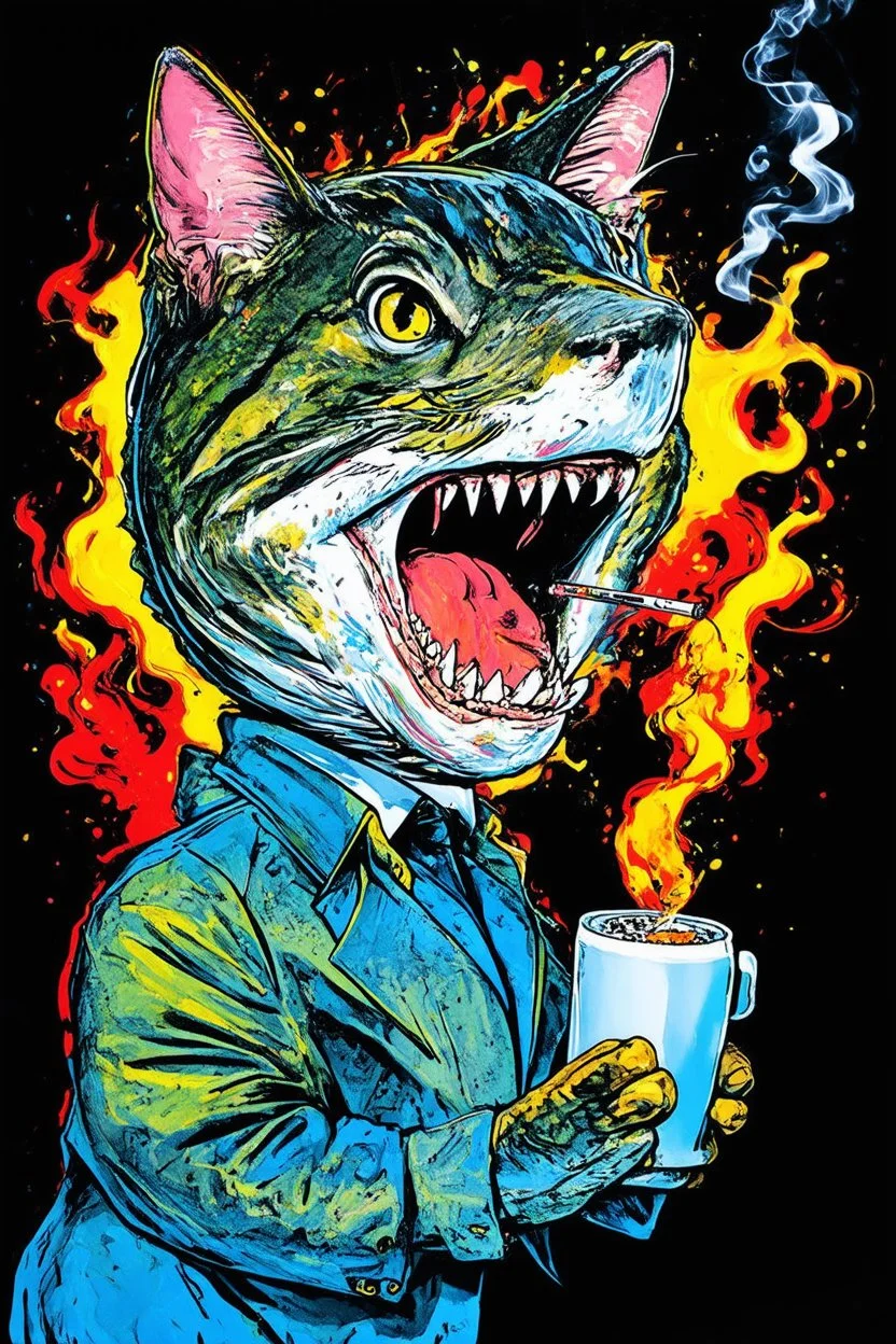 catfish with shark head smoking a ciggarrette in the style of warhol