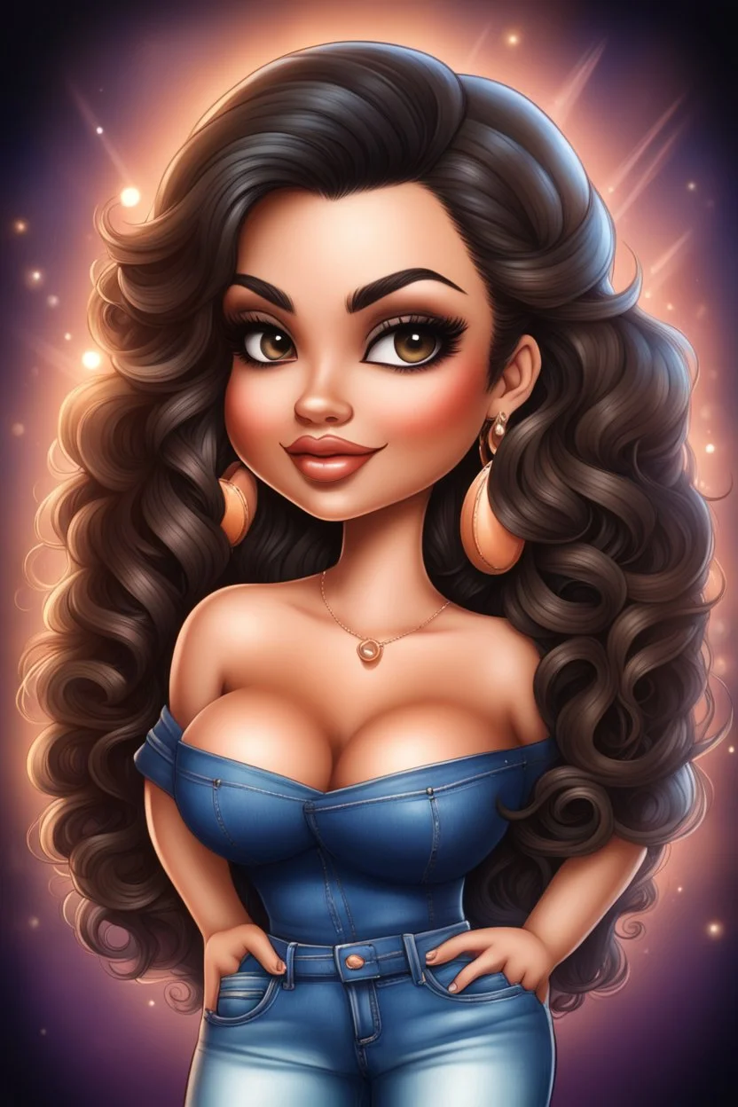 create an airbrush illustration of a chibi cartoon curvy hispanic female wearing Tight blue jeans and a peach off the shoulder blouse. Prominent make up with long lashes and hazel eyes. She is wearing brown feather earrings. Highly detailed long black shiny wavy hair that's flowing to the side. Background of a night club.