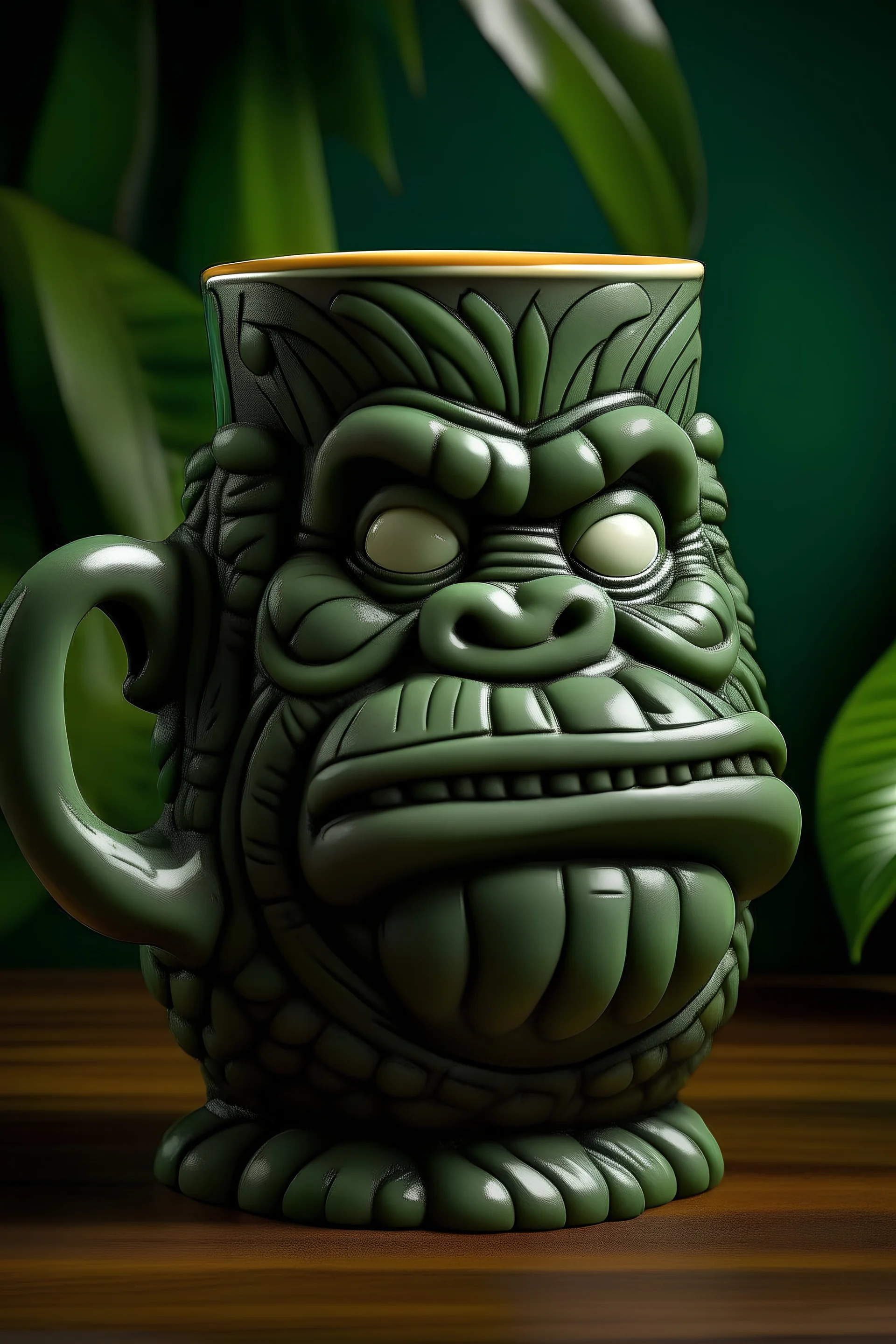Tiki King kong with fangs and crown of leaves ceramic mug
