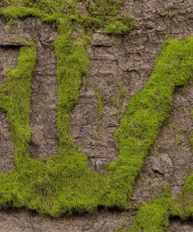 Ancient mossy ruin wall depicting hieroglyphs of futuristic technology behind a waterfall