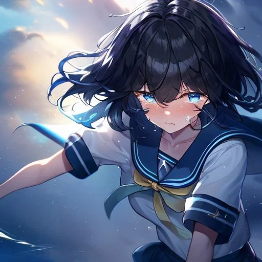 Clear focus,High resolution, Black short fluffy hair, and blue eyes, wearing a sailor uiform, on a deserted island, crying, Wind magic