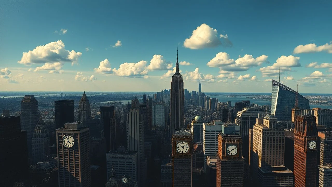 dark and mysterious, neo-expressionism, A panoramic view of a city skyline at noon, with various clocks on different buildings all showing twelve o'clock, under a clear blue sky with a few fluffy clouds.