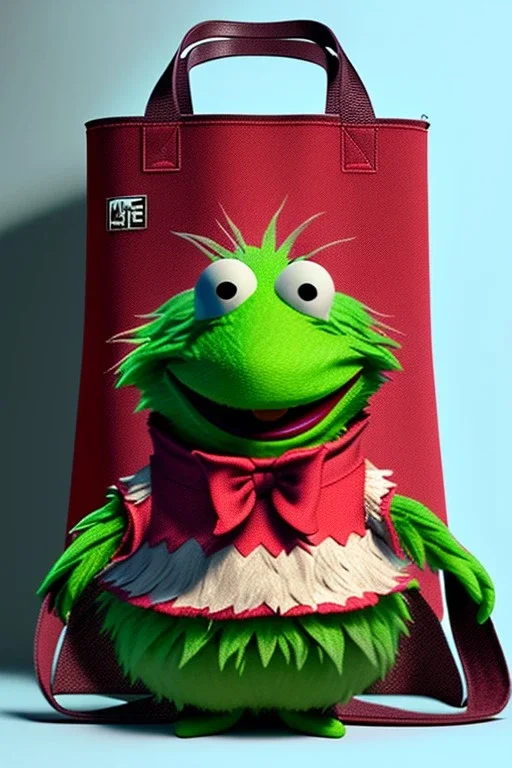 pret a porter bag made with muppet fabric, Sesame Street style, fashion photo studio, clean background, unreal engine 5, ray tracing, RTX, lumen lighting, ultra detail, volumetric lighting, 3d.