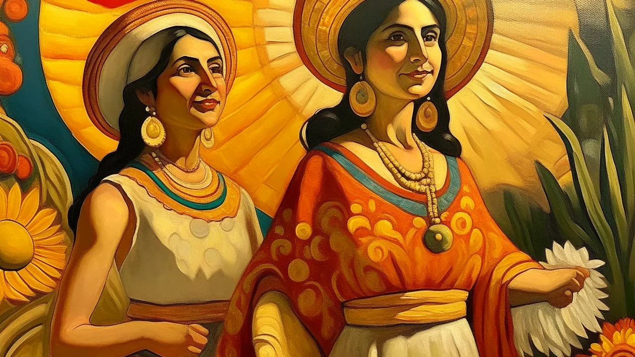 2 mexican woman painting neoclassism whole body zoom the sun