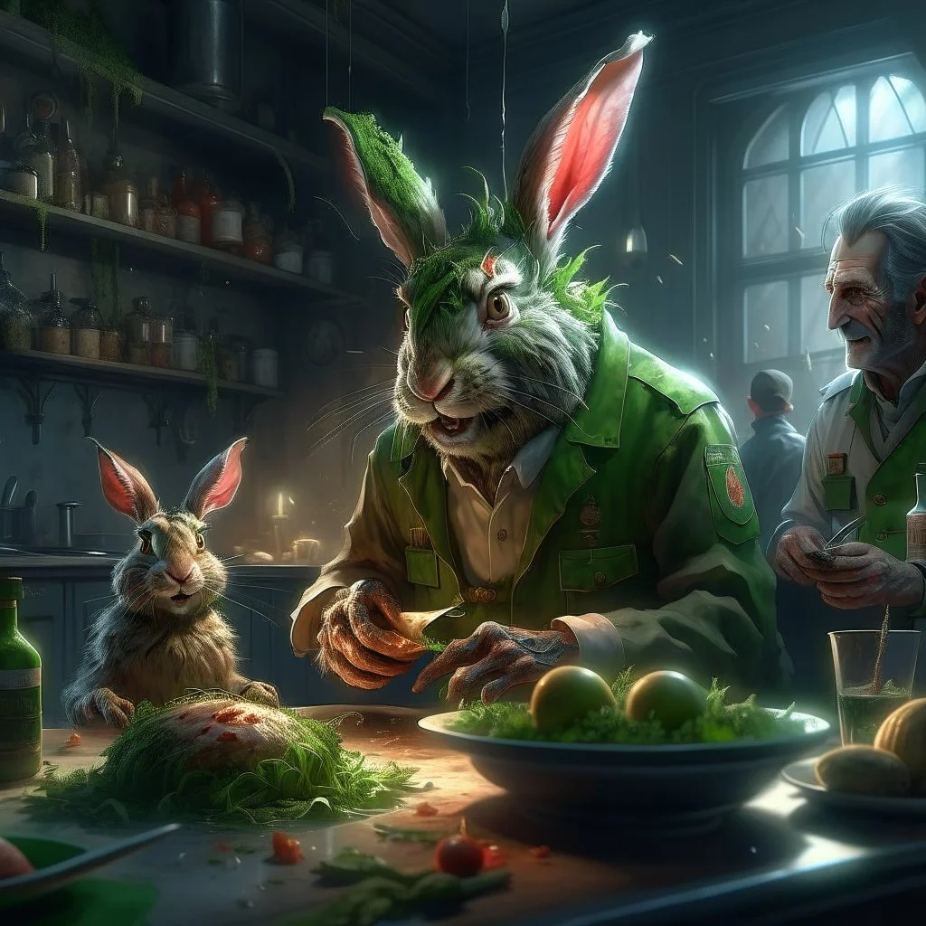 portrait of crazy scientist and army officer irradiating food inside grove with huge fluffy hare with nightmare mutations, 4 k, down-light, soft light, depth of field, photo realism, trending on art station, high detail, spray paint