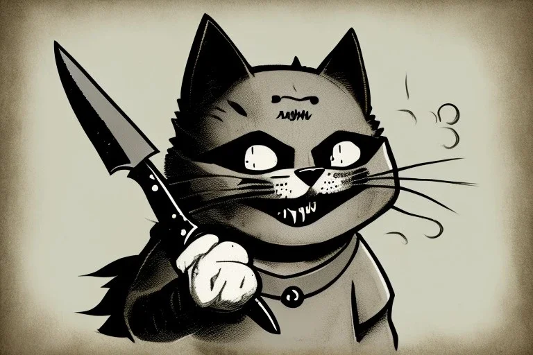 Cat diabolical smiling with a bloody knife with blood. Comic style