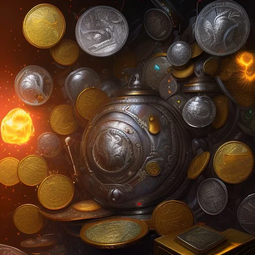 dynamic lighting, Intricately detailed, Splash screen art, deep color, Unreal Engine, volumetric lighting, silver coins, pile of coins, pirate treasure,